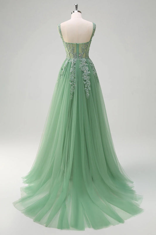 Green chiffon A-line thin suspender tight corset sequined long ball dress with decals