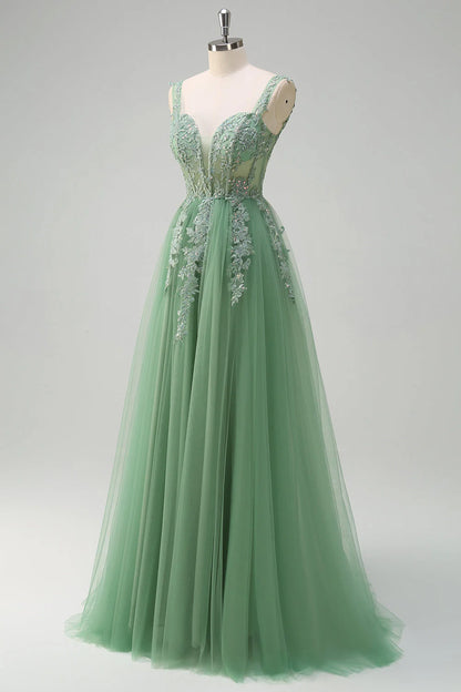 Green chiffon A-line thin suspender tight corset sequined long ball dress with decals