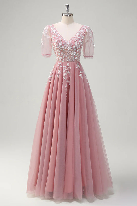 A-line V-neck sequined lace up backless ball dress