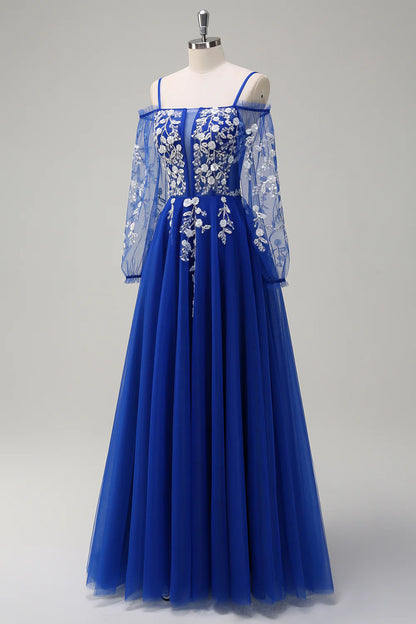 A-line Cold Shoulder Sparkling Flower Long Sleeve Ball Dress
