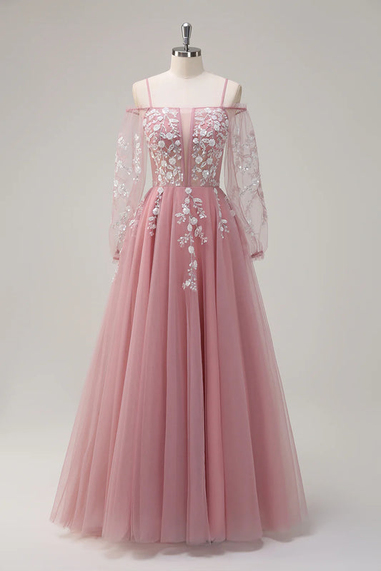 A-line Cold Shoulder Sparkling Flower Long Sleeve Ball Dress