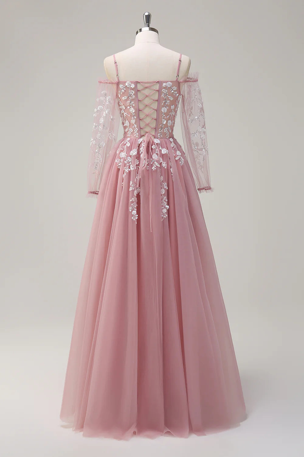 A-line Cold Shoulder Sparkling Flower Long Sleeve Ball Dress