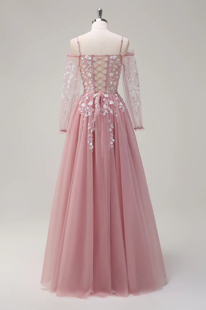 A-line Cold Shoulder Sparkling Flower Long Sleeve Ball Dress