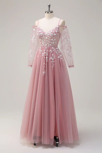A-line Cold Shoulder Sparkling Flower Long Sleeve Ball Dress