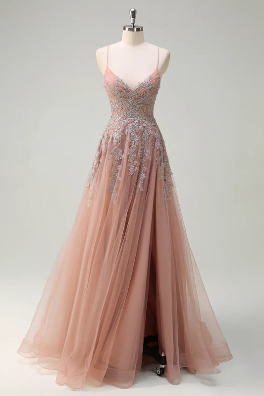 Powder blusher tulle A-line suspender V-neck long slit prom dress