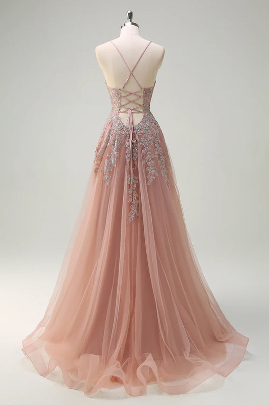 Powder blusher tulle A-line suspender V-neck long slit prom dress