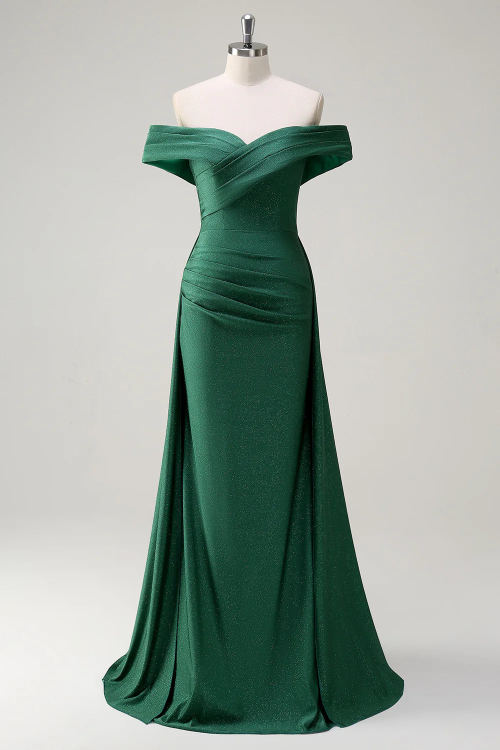 Shining dark green off shoulder pleated long ball gown