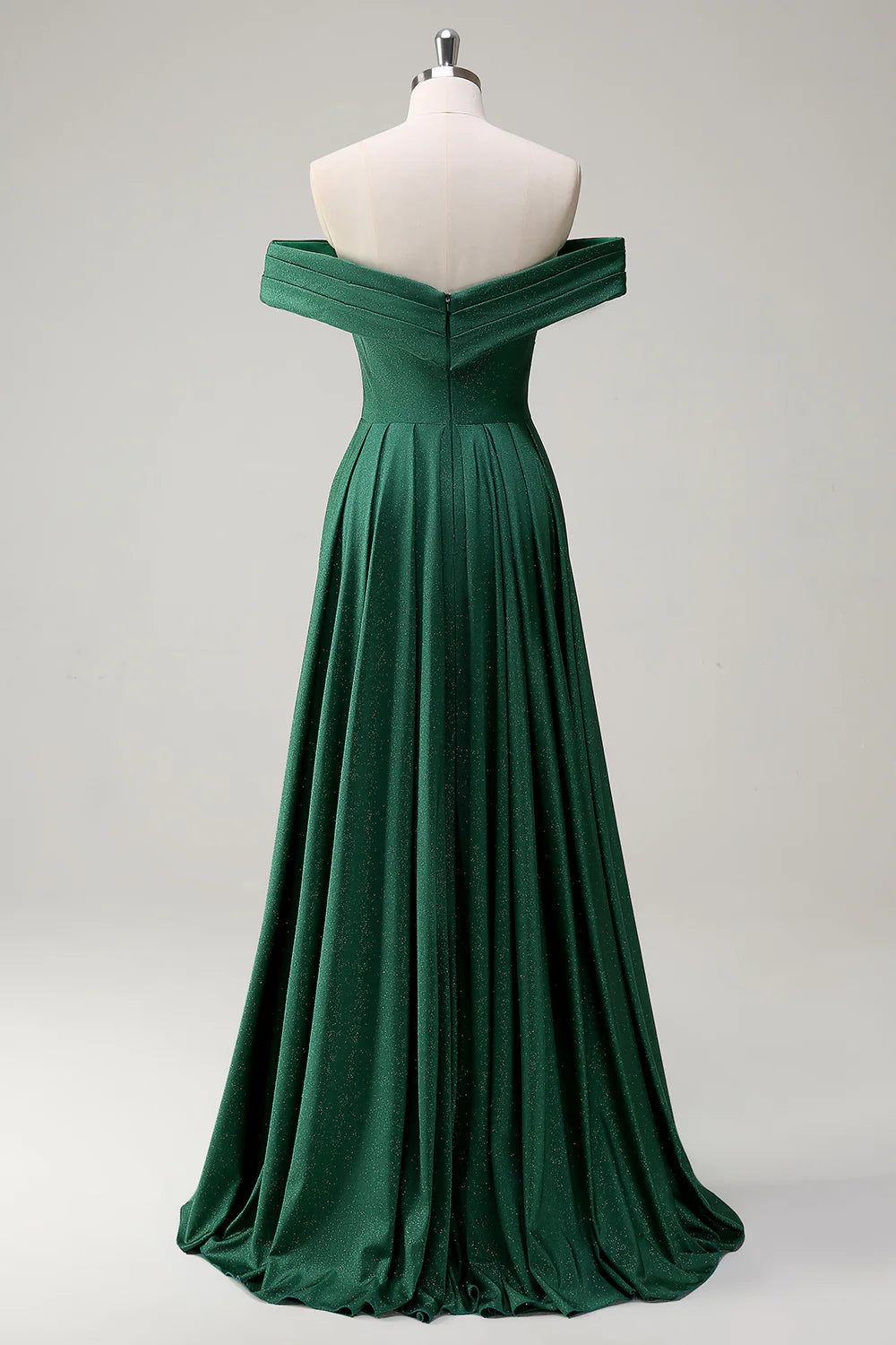 Shining dark green off shoulder pleated long ball gown