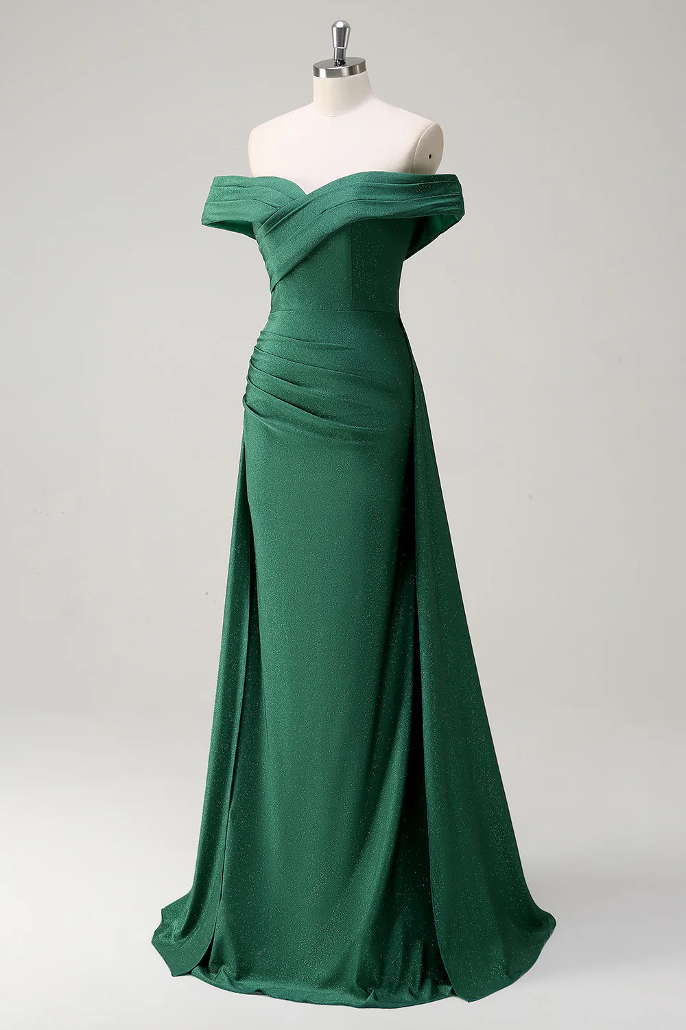 Shining dark green off shoulder pleated long ball gown