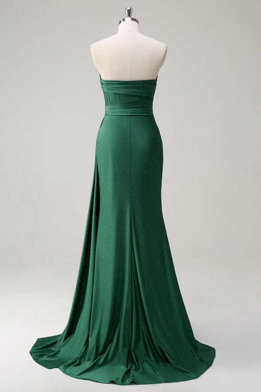 Glitter Dark Green Mermaid Strapless Ruched Corset Long Prom Dress with Streamer