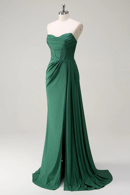 Glitter Dark Green Mermaid Strapless Ruched Corset Long Prom Dress with Streamer