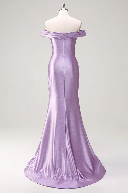 Sparkly Lilac Mermaid Off The Shoulder Ruched Long Prom Dress