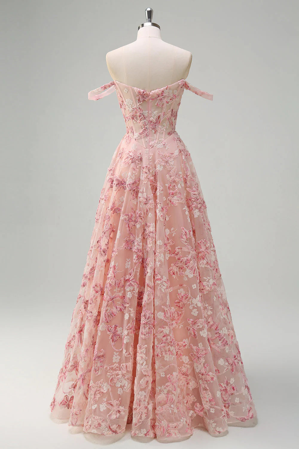 Princess Off The Shoulder Pink Floral Corset Long Prom Dress with Slit
