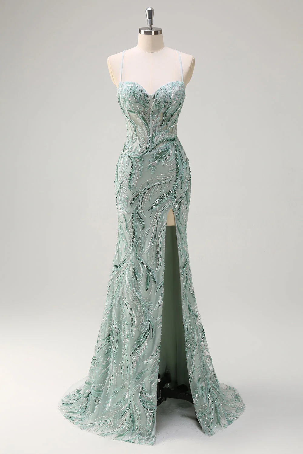 Sparkling mermaid spaghetti strap deep V-bead long sequin ball gown with slit