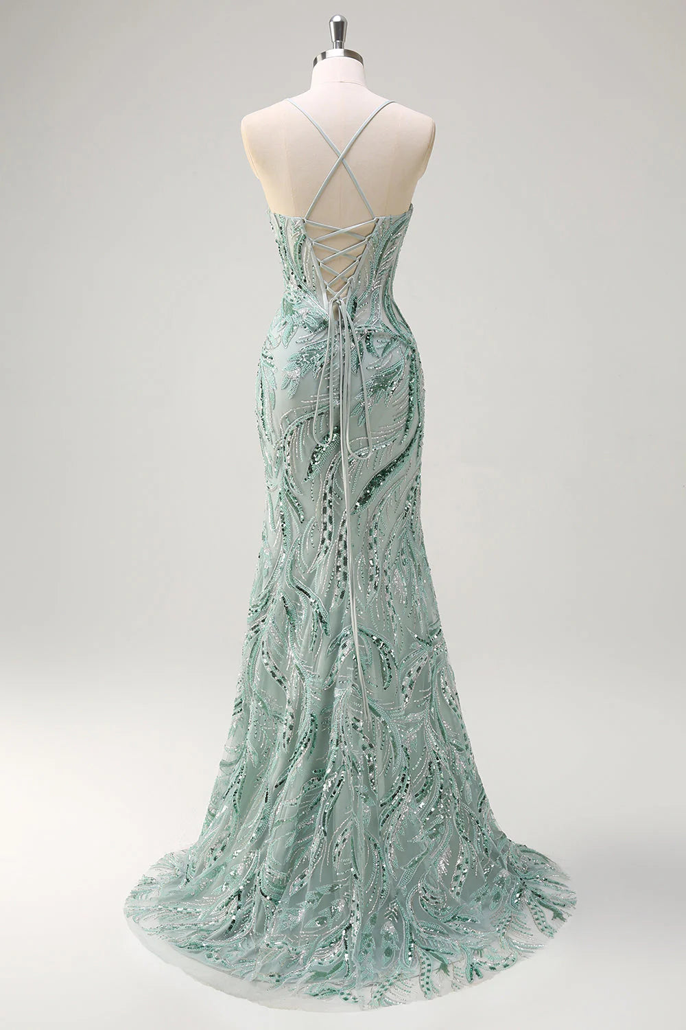 Sparkling mermaid spaghetti strap deep V-bead long sequin ball gown with slit