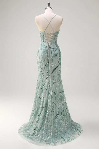 Sparkling mermaid spaghetti strap deep V-bead long sequin ball gown with slit