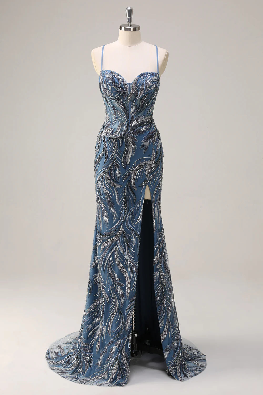 Sparkling mermaid spaghetti strap deep V-bead long sequin ball gown with slit