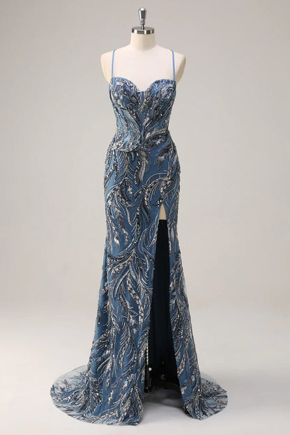 Sparkling mermaid spaghetti strap deep V-bead long sequin ball gown with slit