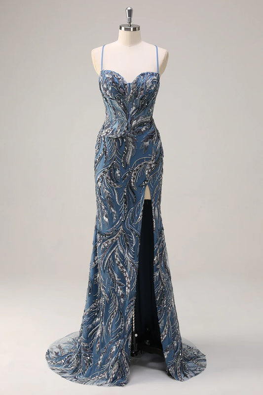 Sparkling mermaid spaghetti strap deep V-bead long sequin ball gown with slit