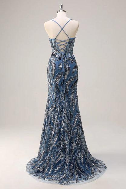 Sparkling mermaid spaghetti strap deep V-bead long sequin ball gown with slit