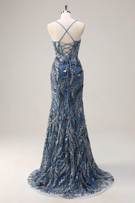 Sparkling mermaid spaghetti strap deep V-bead long sequin ball gown with slit