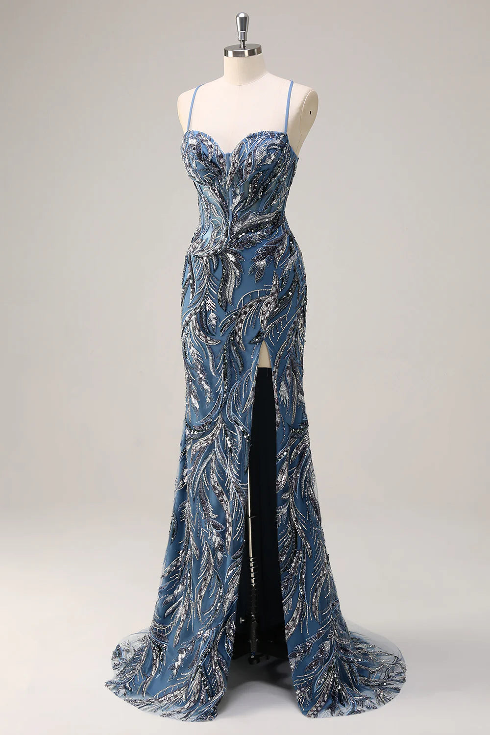 Sparkling mermaid spaghetti strap deep V-bead long sequin ball gown with slit