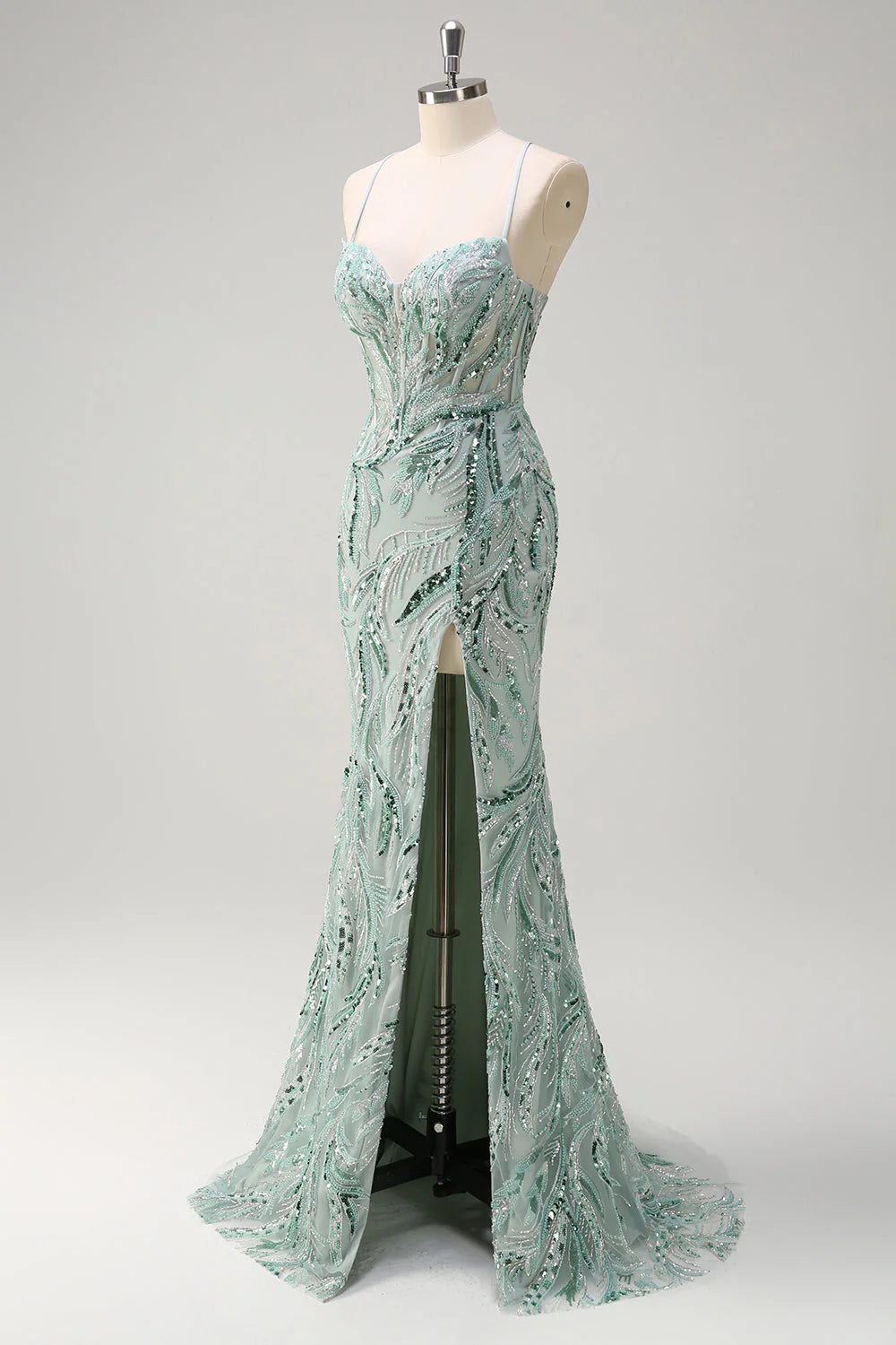 Sparkling mermaid spaghetti strap deep V-bead long sequin ball gown with slit