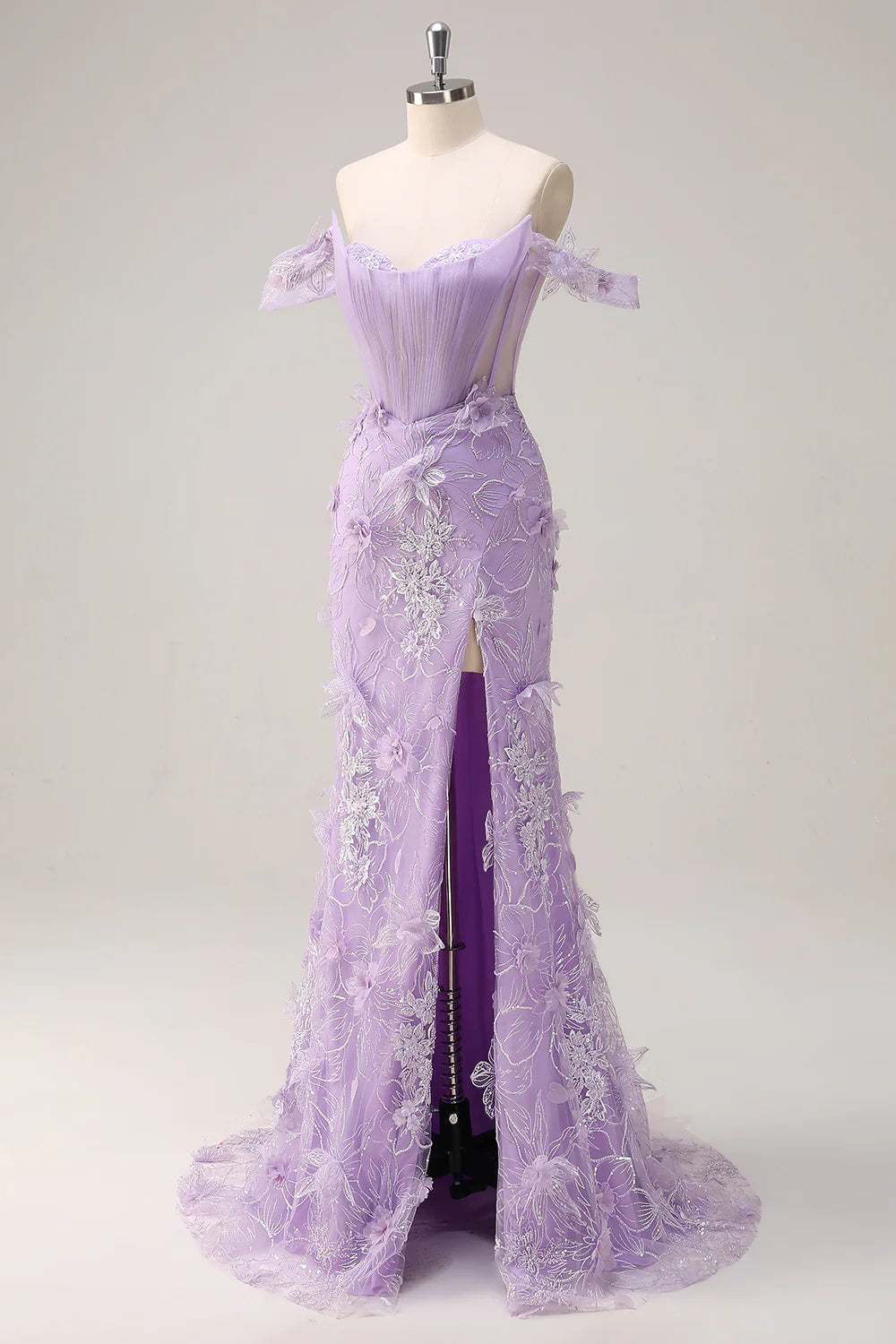 Sparkly Lilac Mermaid Off The Shoulder Corset Long Prom Dress with 3D Flowers
