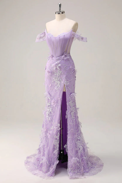 Sparkly Lilac Mermaid Off The Shoulder Corset Long Prom Dress with 3D Flowers