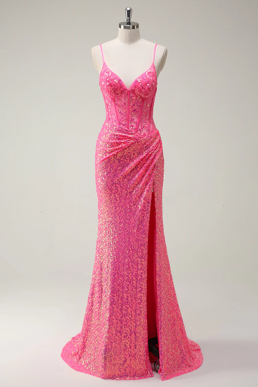 Sparkling pink mermaid spaghetti strap tight corset sequined long ball dress with slit