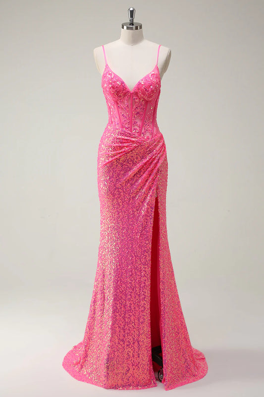 Sparkling pink mermaid spaghetti strap tight corset sequined long ball dress with slit