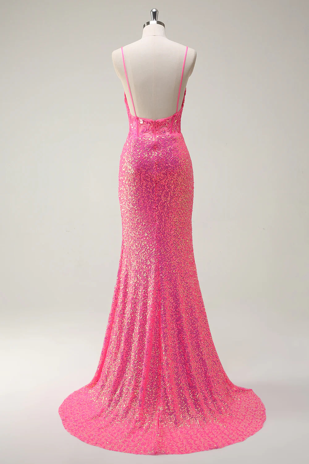 Sparkling pink mermaid spaghetti strap tight corset sequined long ball dress with slit