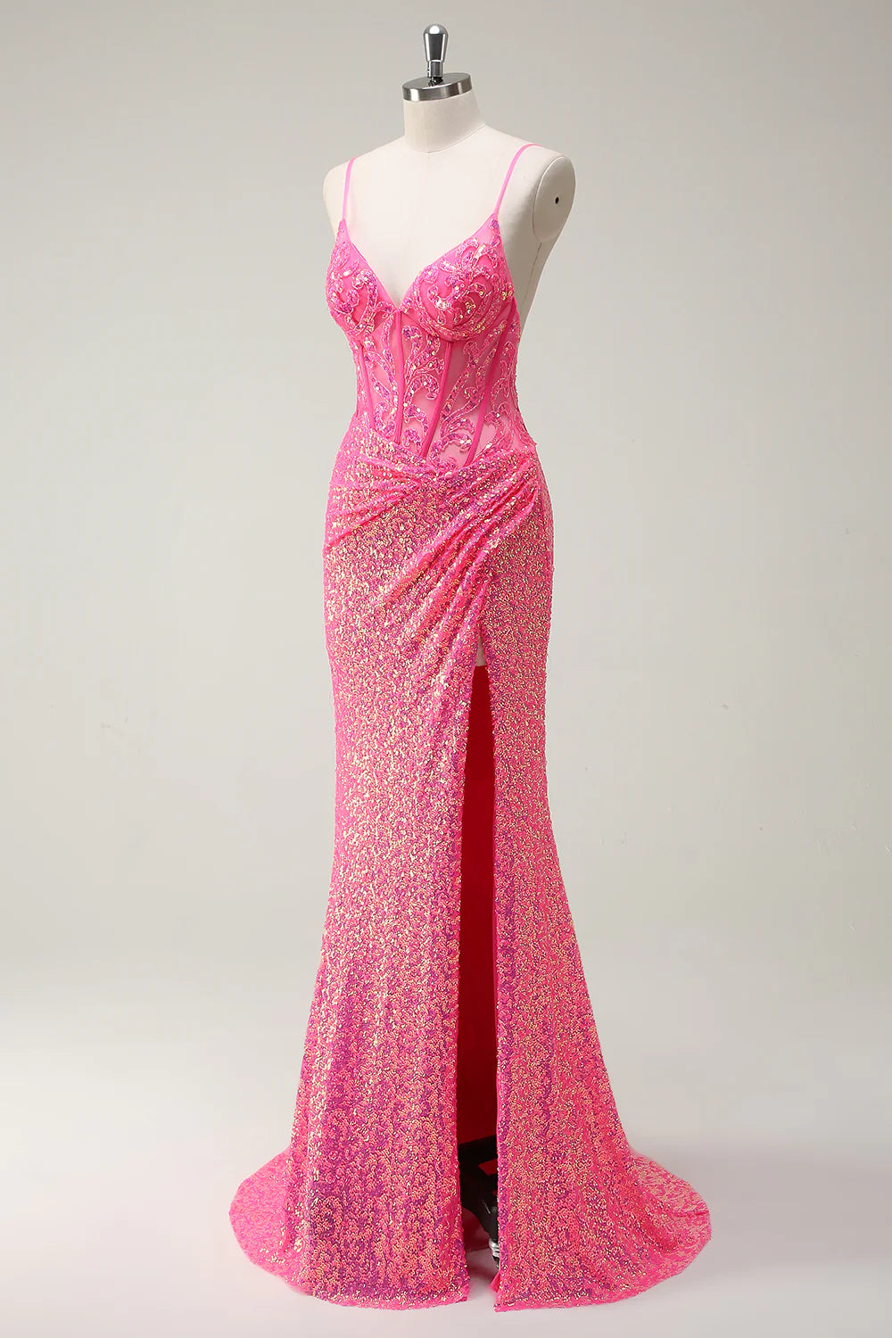 Sparkling pink mermaid spaghetti strap tight corset sequined long ball dress with slit
