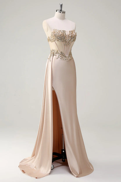 Sparkly Champagne Strapless Mermaid Streamer Sequin Corset Long Prom Dress with Slit