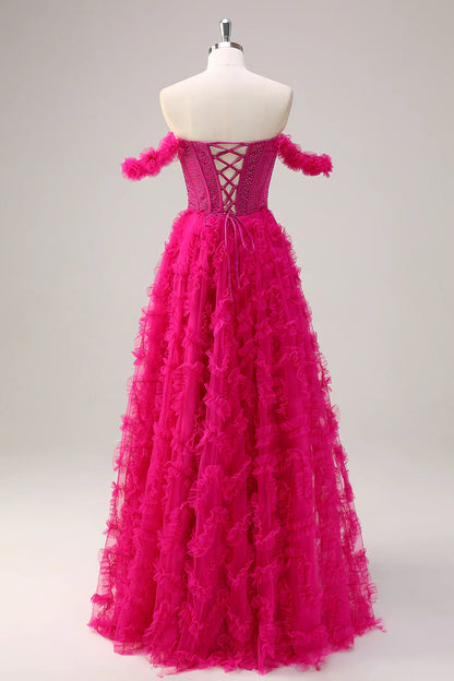 Fuchsia Off The Shoulder A-Line Ruched Tiered Corset Beaded Prom Dress with Slit