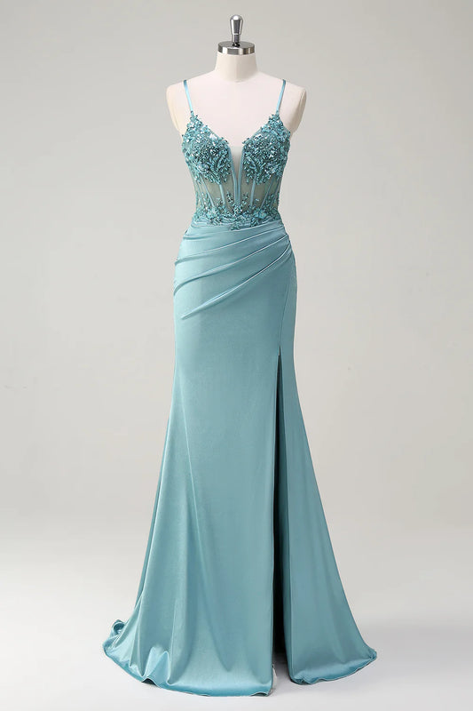 Sparkling blue mermaid spaghetti strap beaded tight corset sequined ball gown with slit