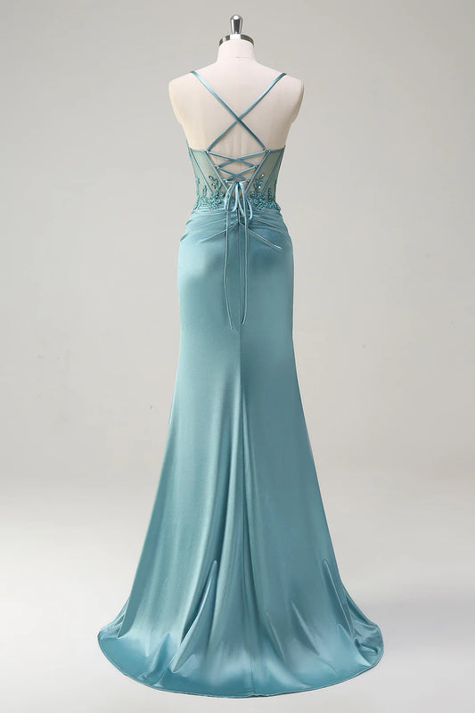 Sparkling blue mermaid spaghetti strap beaded tight corset sequined ball gown with slit