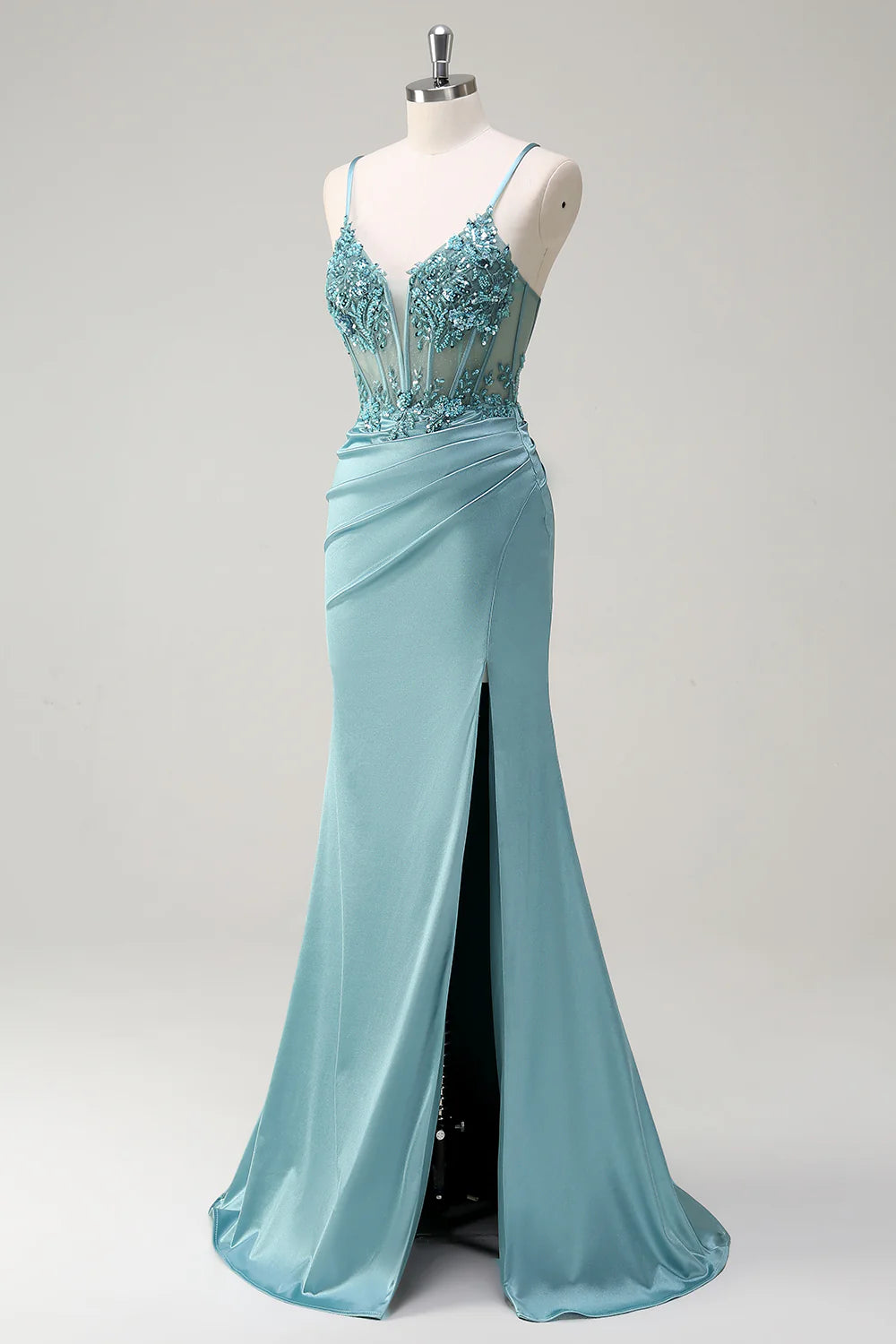 Sparkling blue mermaid spaghetti strap beaded tight corset sequined ball gown with slit