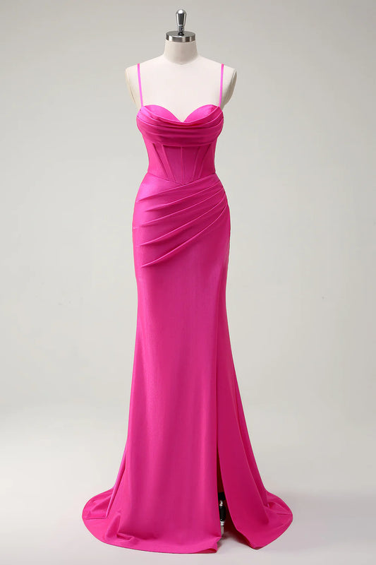 Hot pink slim suspender tight corset with pleated long hem and slit ball dress