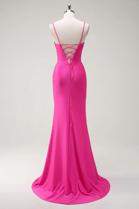 Hot pink slim suspender tight corset with pleated long hem and slit ball dress