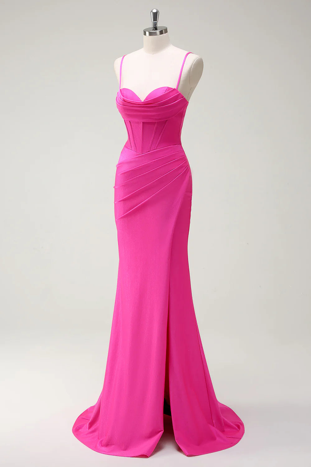 Hot pink slim suspender tight corset with pleated long hem and slit ball dress