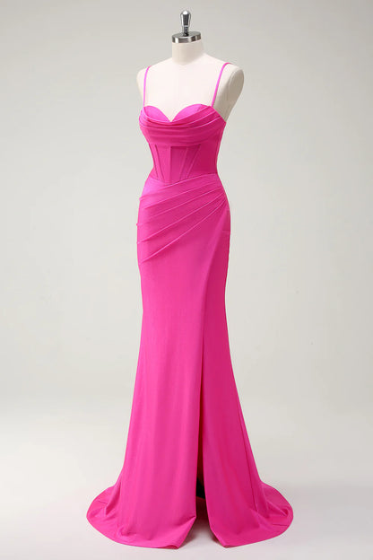 Hot pink slim suspender tight corset with pleated long hem and slit ball dress