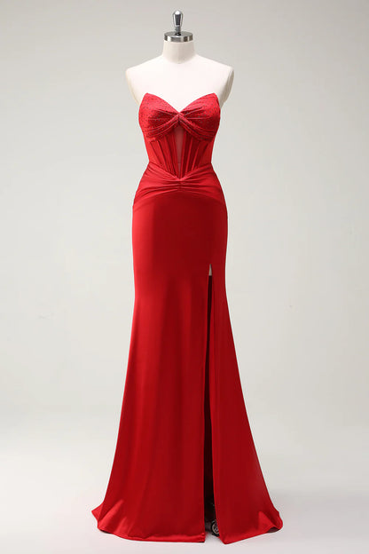Sparkly Red Mermaid Strapless Corset Beaded Long Prom Dress with Slit