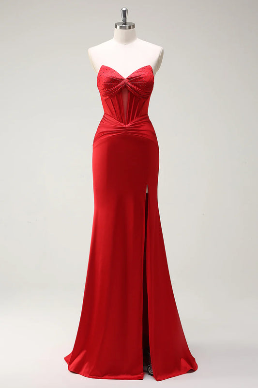 Sparkly Red Mermaid Strapless Corset Beaded Long Prom Dress with Slit