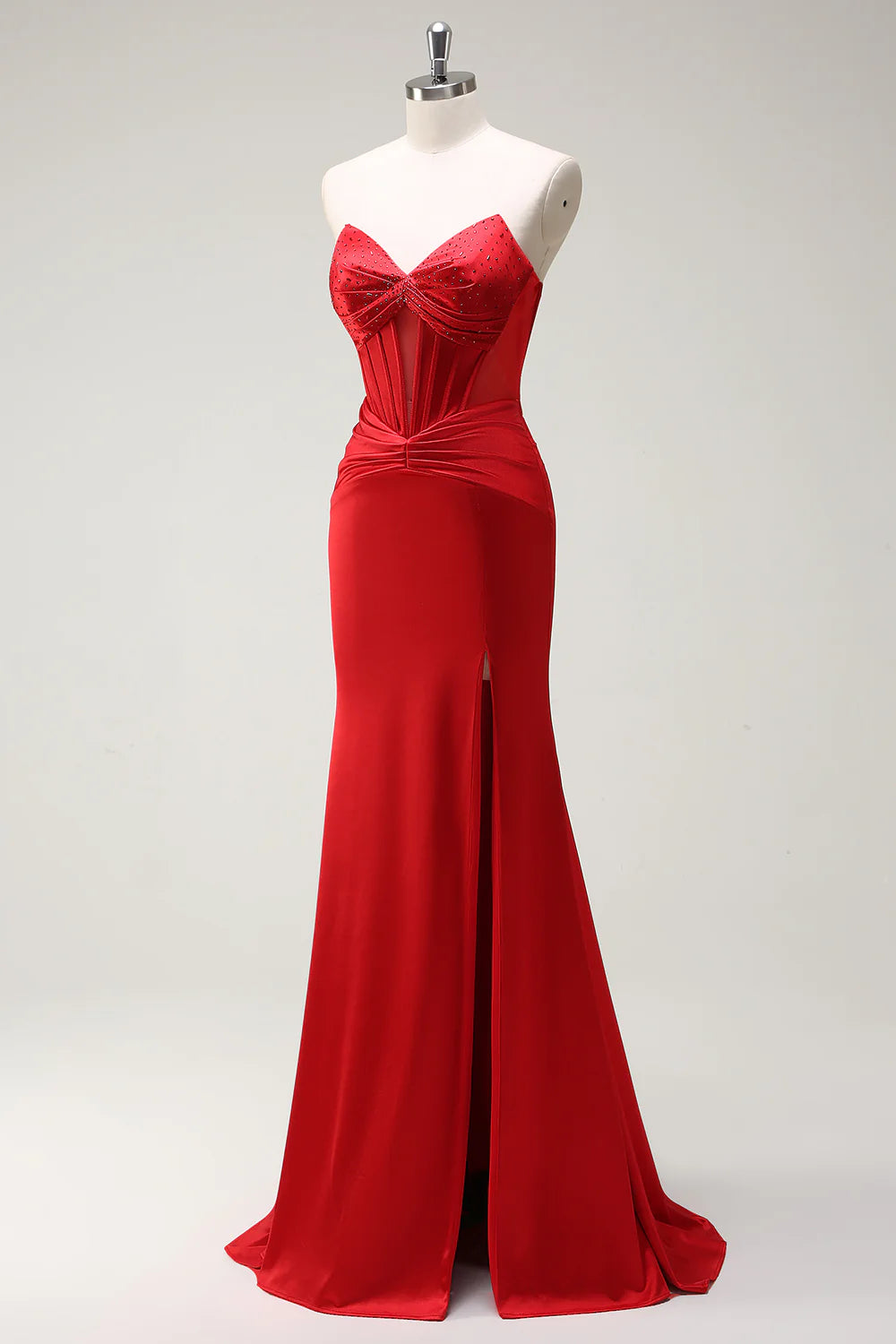 Sparkly Red Mermaid Strapless Corset Beaded Long Prom Dress with Slit