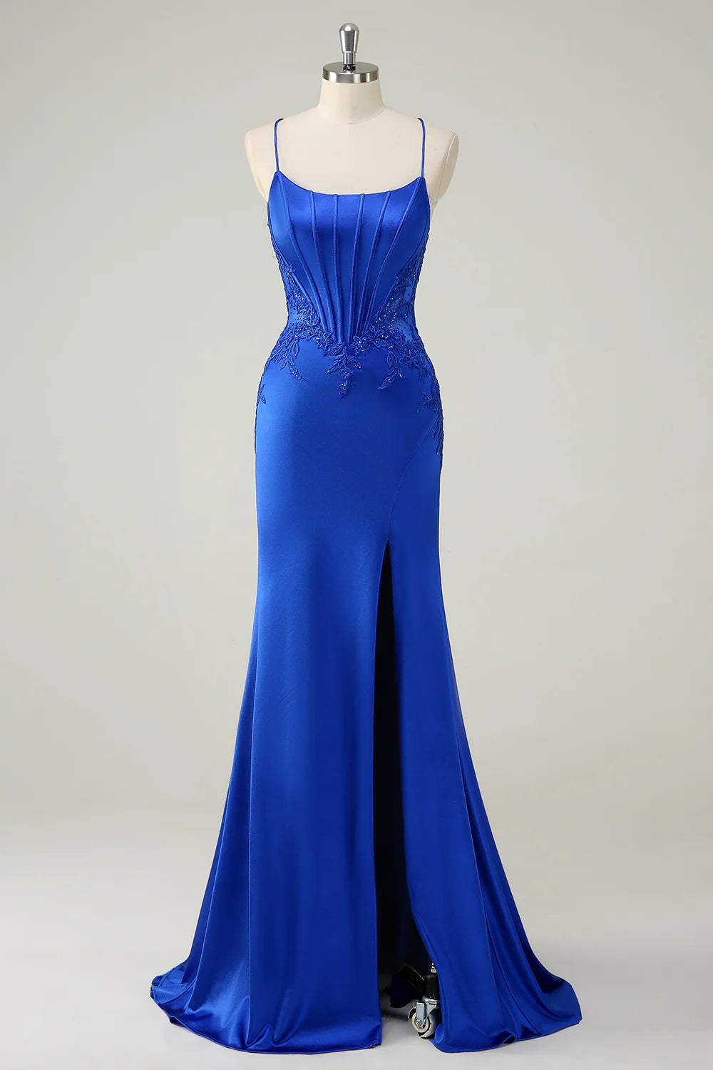 Royal Blue Mermaid Spaghetti Straps Corset Long Prom Dress with Lace Up Back