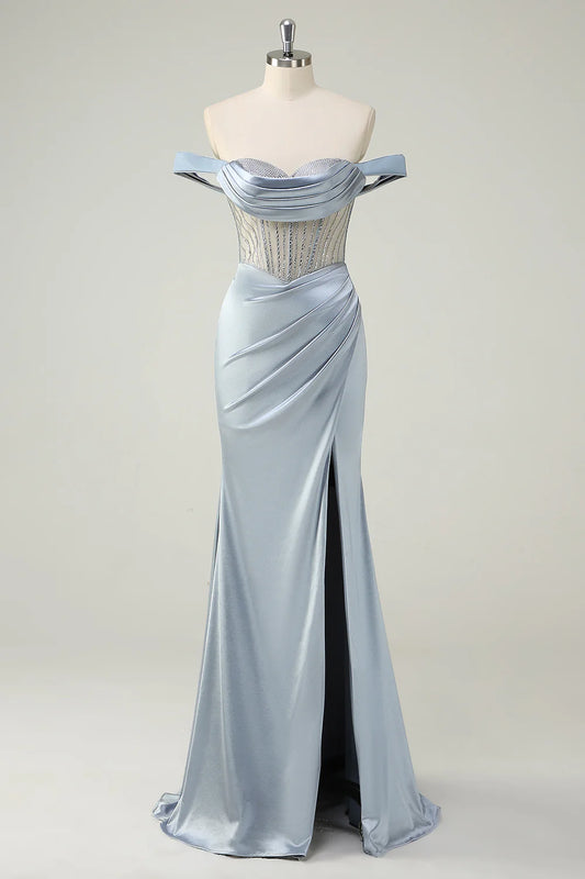 Dusty Blue Mermaid Off The Shoulder Sheer Corset Beaded Long Prom Dress With Slit
