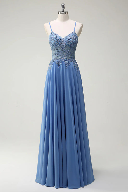 Sparkling gray blue slim camisole corset with beaded long ball dress with decals