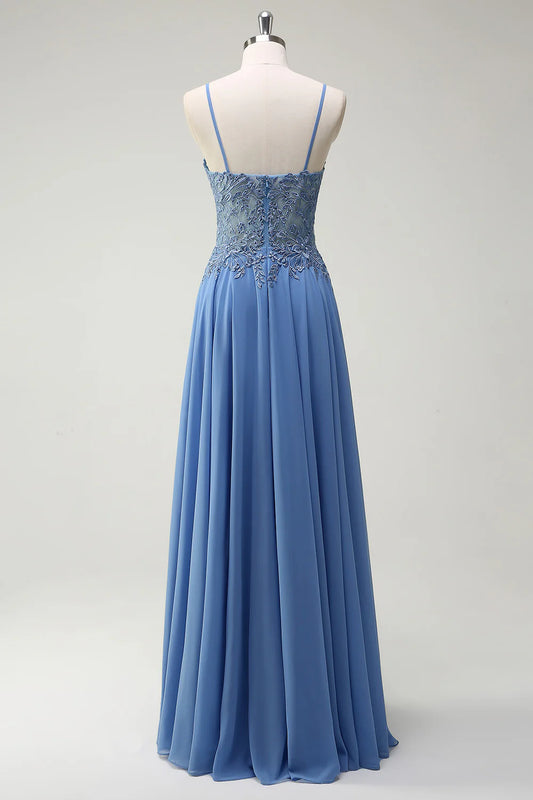 Sparkling gray blue slim camisole corset with beaded long ball dress with decals