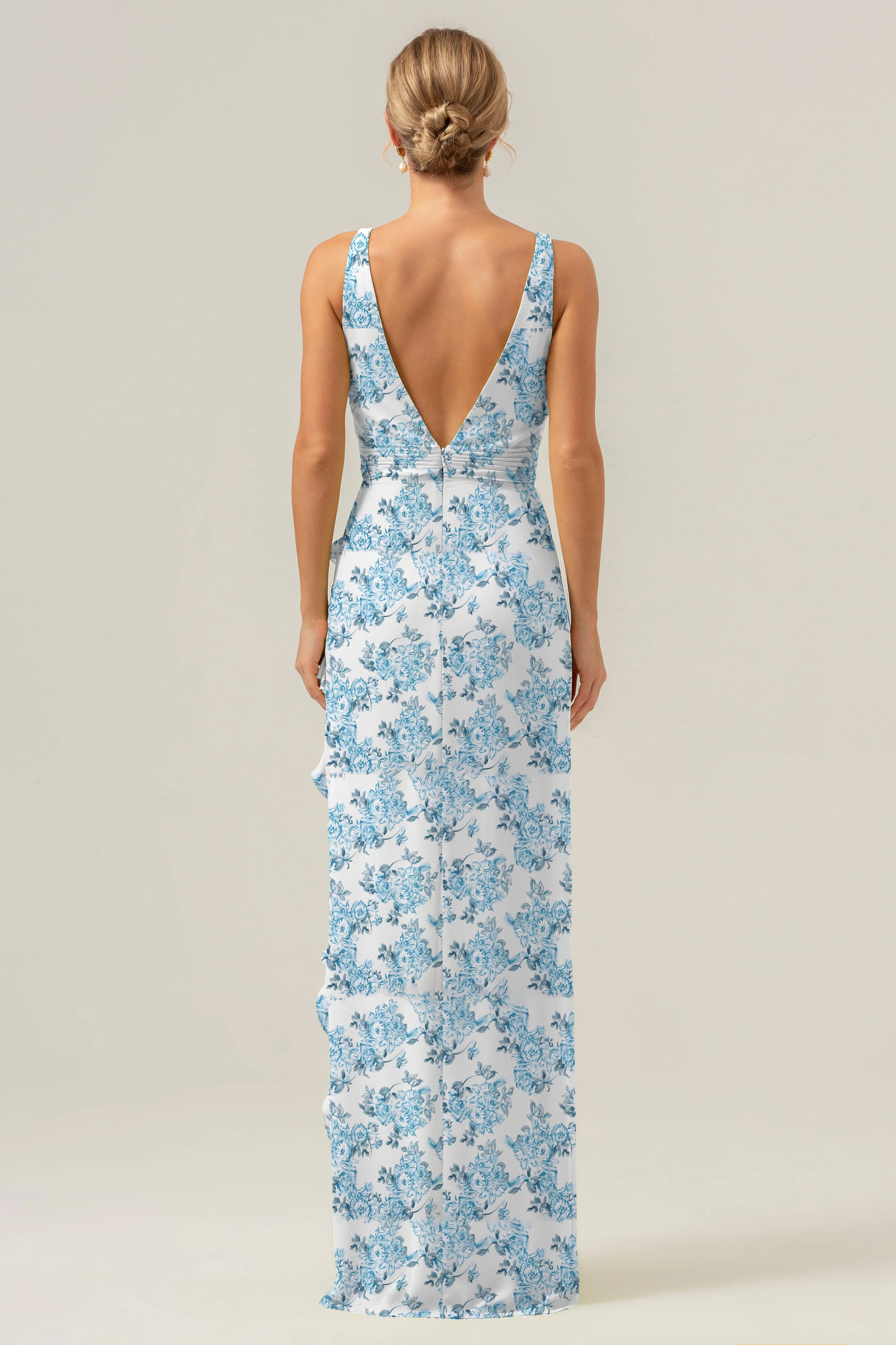Big floral sheath V-neck backless bridesmaid dress with ruffles